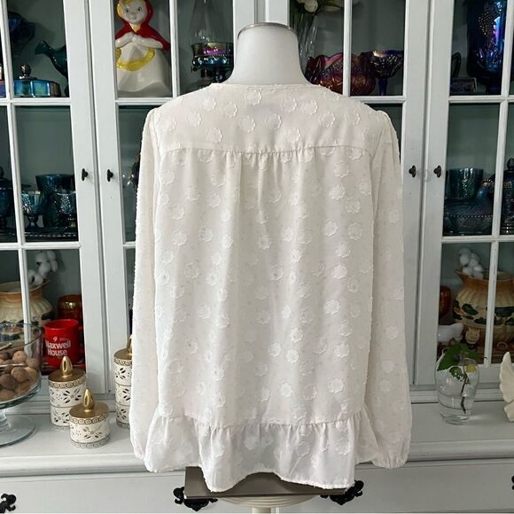 White Shimmer Floral Blouse Split Neck Sz Med LOFT - Picture 6 of 12